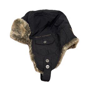Helly Hanson Beanie Faux Fur Trim Ear Flap Black Bomber Windproof Warm Cozy RARE